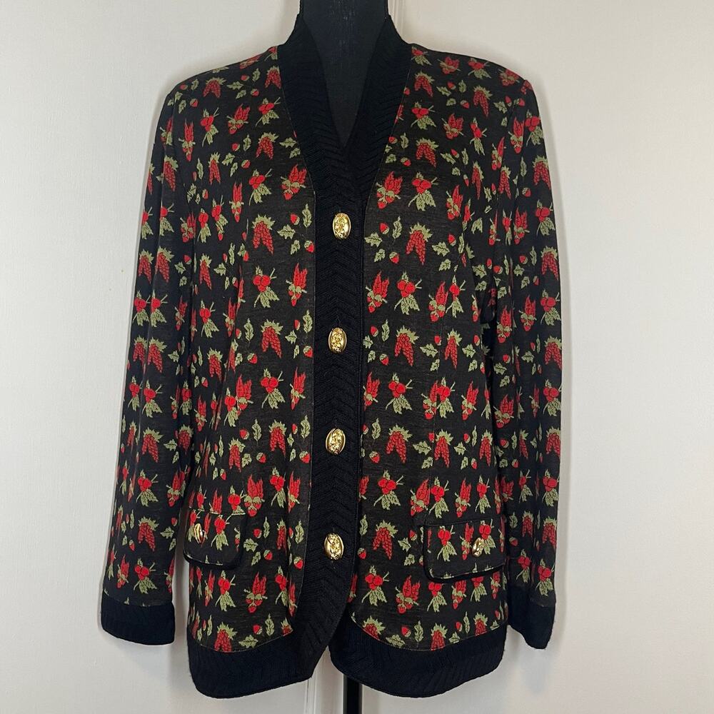Vintage Domina s.p.a. Made In ITALY Wool Fruit Christmas Sweater Black Red Large